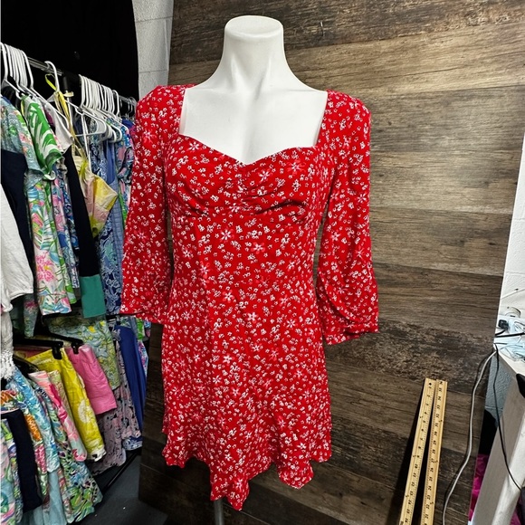 Zara Red Sweetheart Bell Sleeve Floral Sundress - Picture 1 of 6
